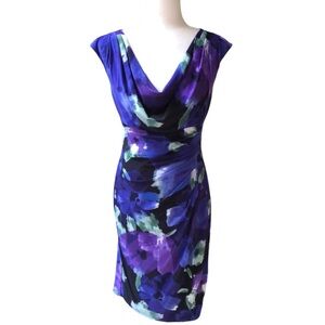 LAUREN RALPH LAUREN Cap Sleeve Cowl Neck Stretch Navy Floral Dress Women size 6